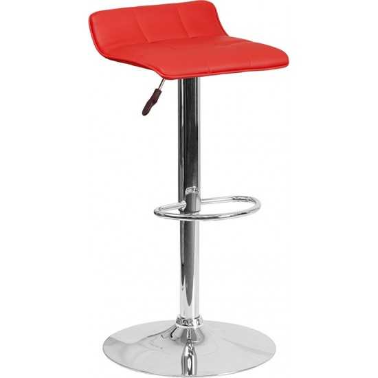 Contemporary Red Vinyl Adjustable Height Barstool with Quilted Wave Seat and Chrome Base