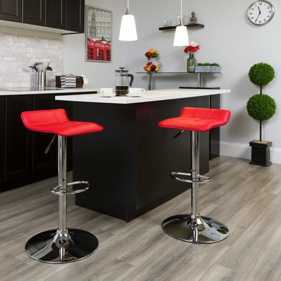 Contemporary Red Vinyl Adjustable Height Barstool with Quilted Wave Seat and Chrome Base