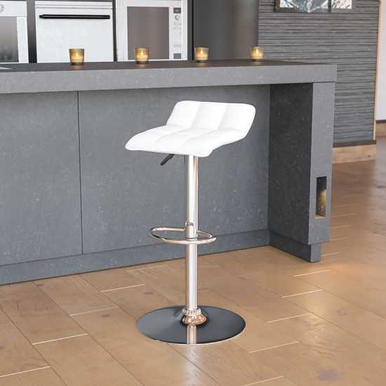 Contemporary White Vinyl Adjustable Height Barstool with Quilted Wave Seat and Chrome Base