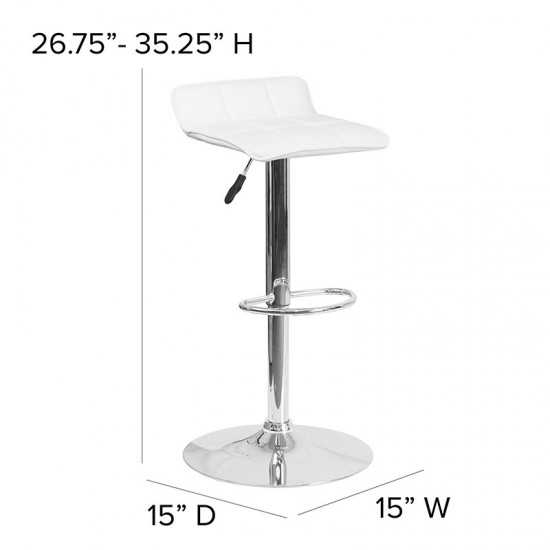 Contemporary White Vinyl Adjustable Height Barstool with Quilted Wave Seat and Chrome Base