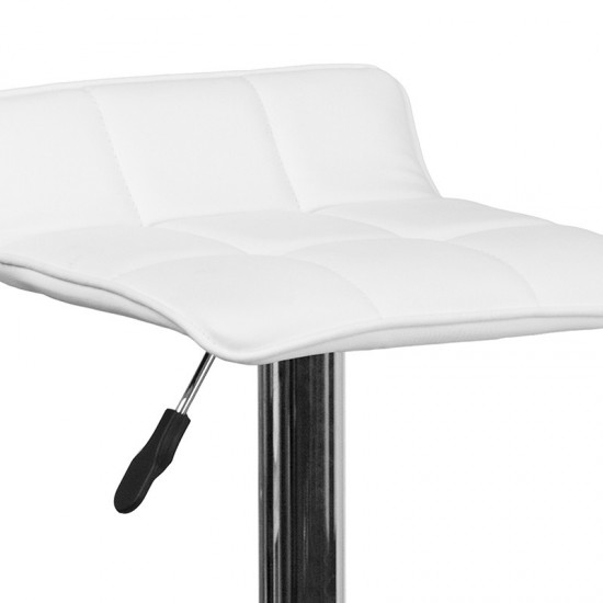 Contemporary White Vinyl Adjustable Height Barstool with Quilted Wave Seat and Chrome Base