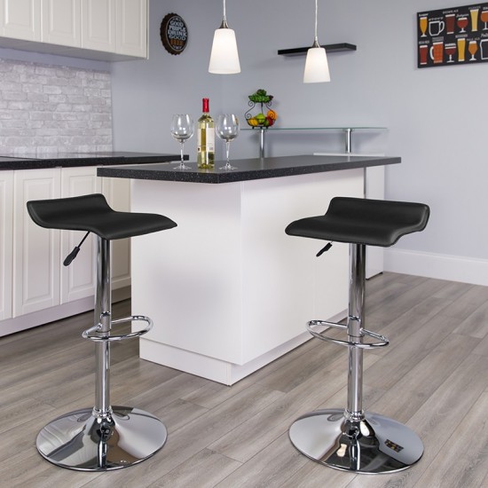 Contemporary Black Vinyl Adjustable Height Barstool with Solid Wave Seat and Chrome Base