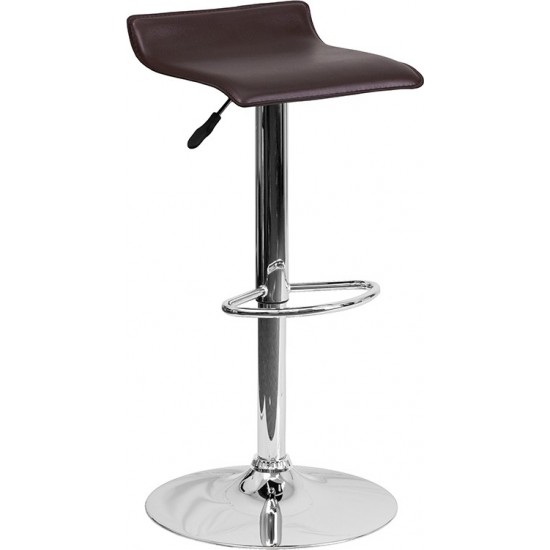 Contemporary Brown Vinyl Adjustable Height Barstool with Solid Wave Seat and Chrome Base