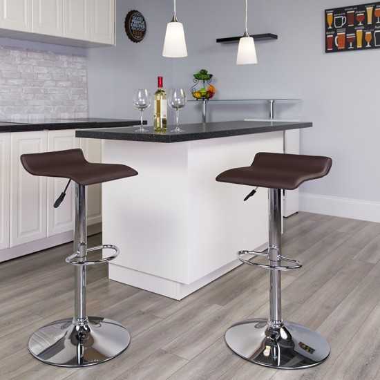 Contemporary Brown Vinyl Adjustable Height Barstool with Solid Wave Seat and Chrome Base