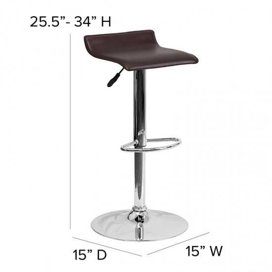 Contemporary Brown Vinyl Adjustable Height Barstool with Solid Wave Seat and Chrome Base