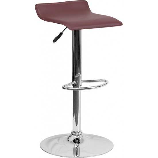 Contemporary Burgundy Vinyl Adjustable Height Barstool with Solid Wave Seat and Chrome Base