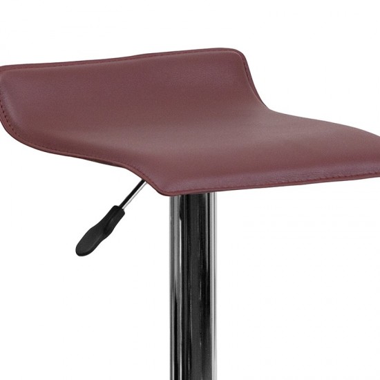 Contemporary Burgundy Vinyl Adjustable Height Barstool with Solid Wave Seat and Chrome Base