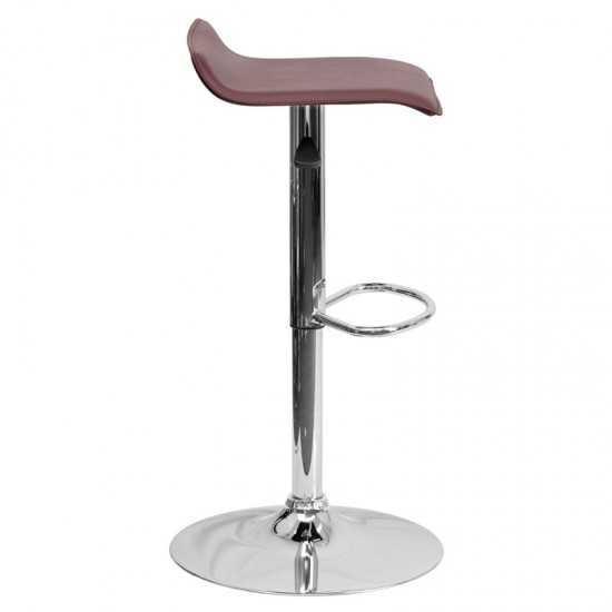 Contemporary Burgundy Vinyl Adjustable Height Barstool with Solid Wave Seat and Chrome Base