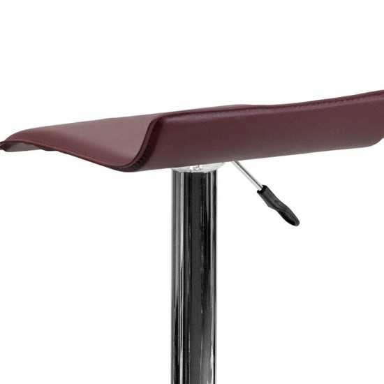 Contemporary Burgundy Vinyl Adjustable Height Barstool with Solid Wave Seat and Chrome Base