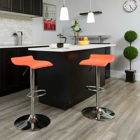 Contemporary Orange Vinyl Adjustable Height Barstool with Solid Wave Seat and Chrome Base