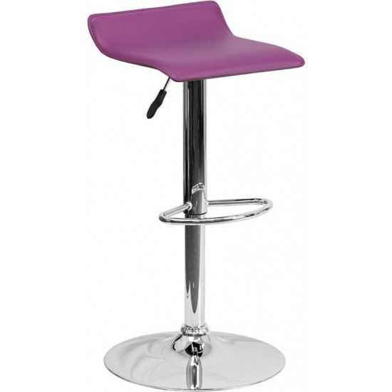 Contemporary Purple Vinyl Adjustable Height Barstool with Solid Wave Seat and Chrome Base