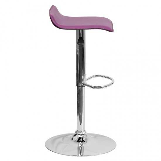 Contemporary Purple Vinyl Adjustable Height Barstool with Solid Wave Seat and Chrome Base