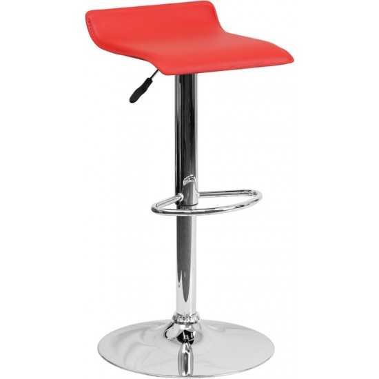 Contemporary Red Vinyl Adjustable Height Barstool with Solid Wave Seat and Chrome Base