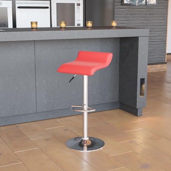 Contemporary Red Vinyl Adjustable Height Barstool with Solid Wave Seat and Chrome Base