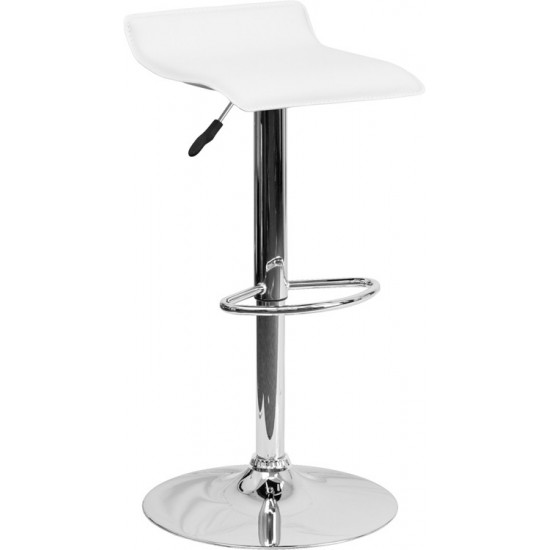 Contemporary White Vinyl Adjustable Height Barstool with Solid Wave Seat and Chrome Base