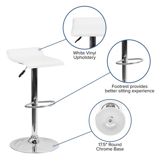 Contemporary White Vinyl Adjustable Height Barstool with Solid Wave Seat and Chrome Base