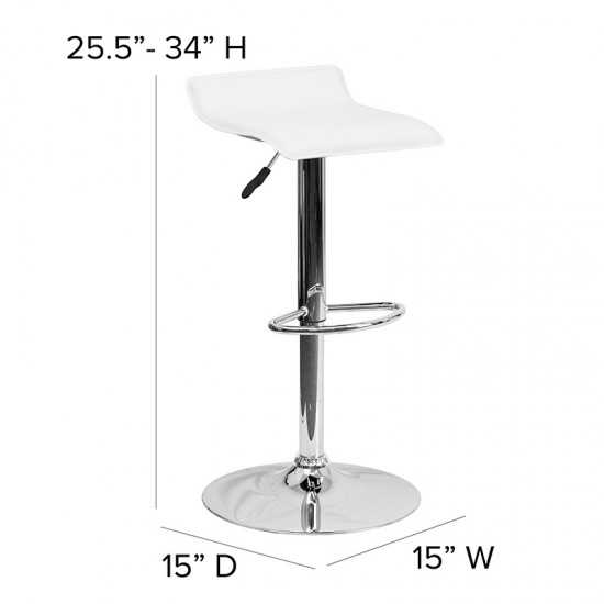 Contemporary White Vinyl Adjustable Height Barstool with Solid Wave Seat and Chrome Base