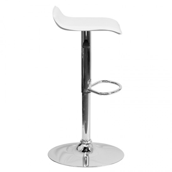 Contemporary White Vinyl Adjustable Height Barstool with Solid Wave Seat and Chrome Base