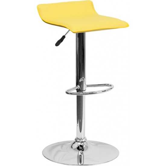 Contemporary Yellow Vinyl Adjustable Height Barstool with Solid Wave Seat and Chrome Base