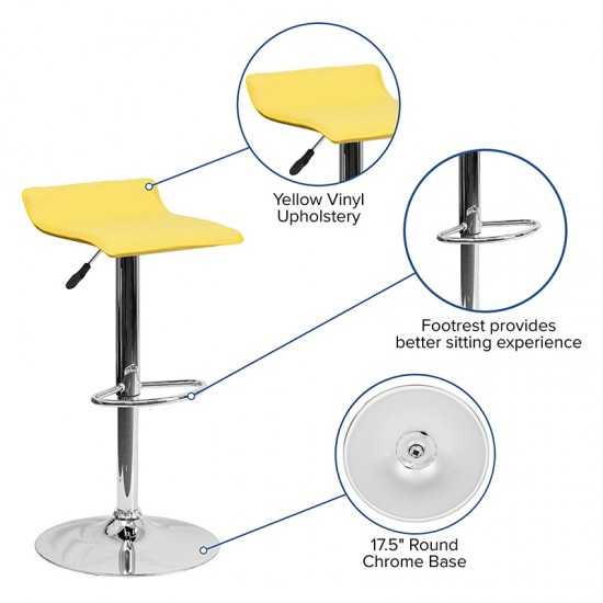 Contemporary Yellow Vinyl Adjustable Height Barstool with Solid Wave Seat and Chrome Base