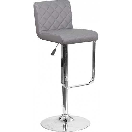 Contemporary Gray Vinyl Adjustable Height Barstool with Drop Frame and Chrome Base