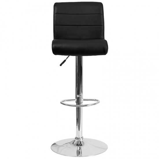 Contemporary Black Vinyl Adjustable Height Barstool with Rolled Seat and Chrome Base