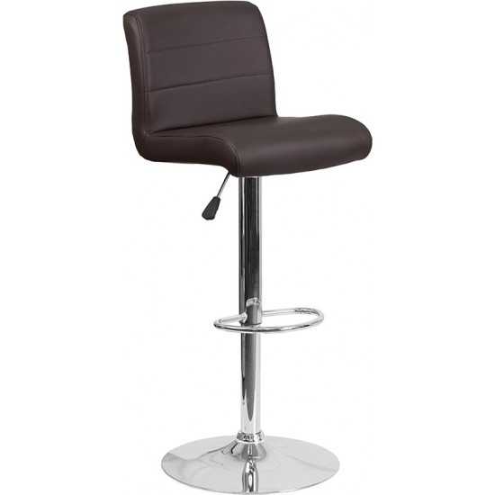 Contemporary Brown Vinyl Adjustable Height Barstool with Rolled Seat and Chrome Base