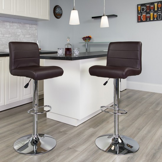 Contemporary Brown Vinyl Adjustable Height Barstool with Rolled Seat and Chrome Base