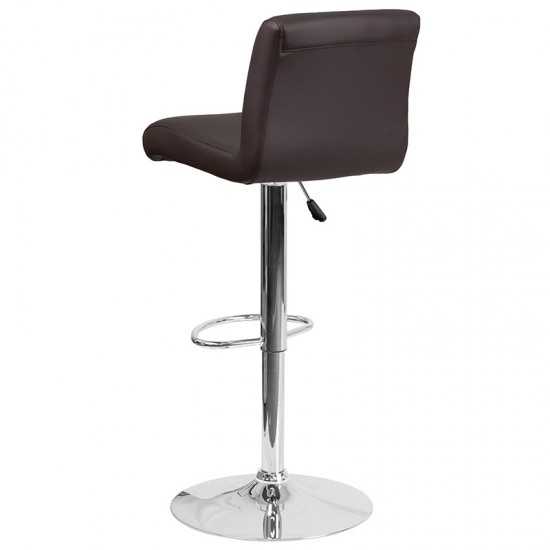 Contemporary Brown Vinyl Adjustable Height Barstool with Rolled Seat and Chrome Base