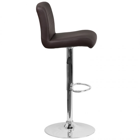 Contemporary Brown Vinyl Adjustable Height Barstool with Rolled Seat and Chrome Base