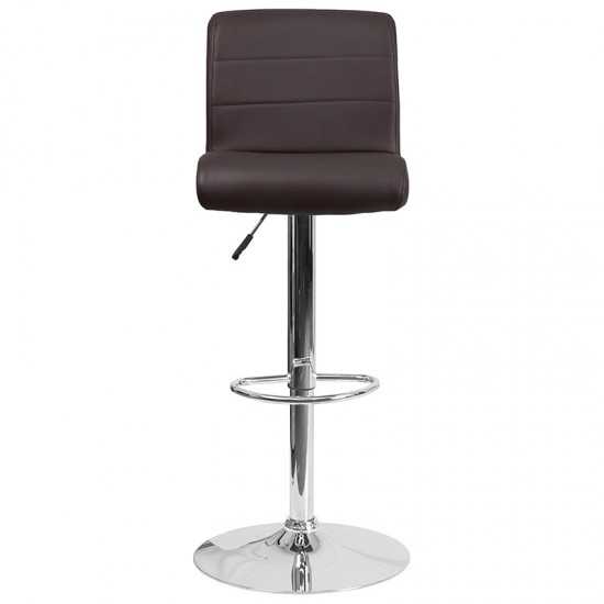 Contemporary Brown Vinyl Adjustable Height Barstool with Rolled Seat and Chrome Base