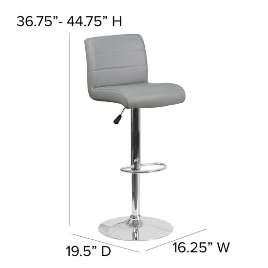 Contemporary Gray Vinyl Adjustable Height Barstool with Rolled Seat and Chrome Base