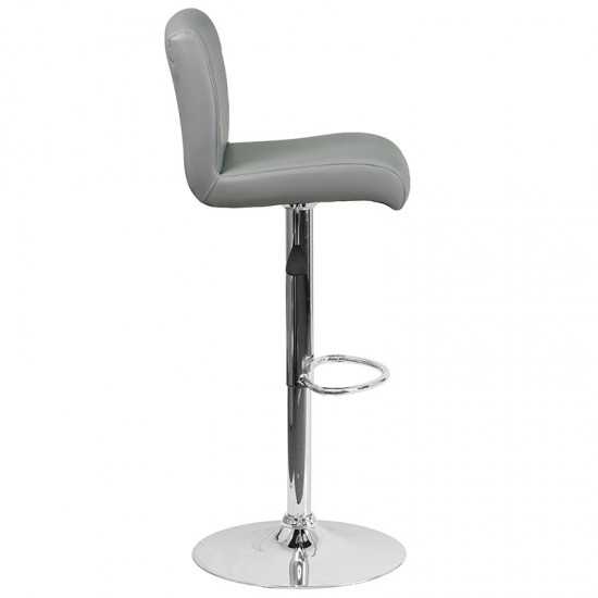 Contemporary Gray Vinyl Adjustable Height Barstool with Rolled Seat and Chrome Base