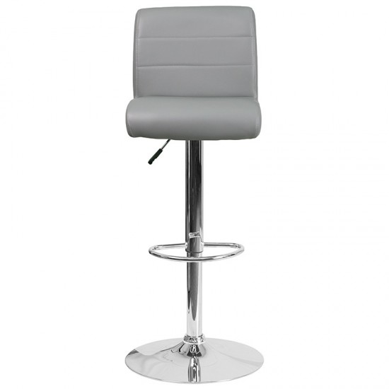 Contemporary Gray Vinyl Adjustable Height Barstool with Rolled Seat and Chrome Base