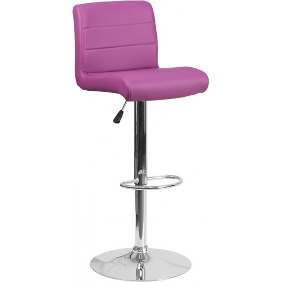 Contemporary Purple Vinyl Adjustable Height Barstool with Rolled Seat and Chrome Base