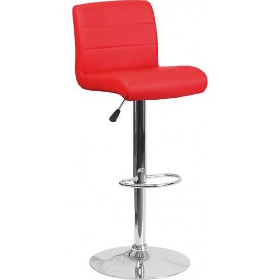 Contemporary Red Vinyl Adjustable Height Barstool with Rolled Seat and Chrome Base