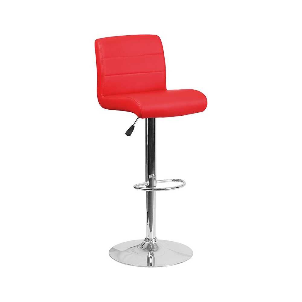 Contemporary Red Vinyl Adjustable Height Barstool with Rolled Seat and Chrome Base