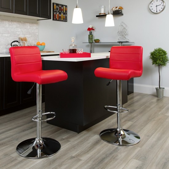 Contemporary Red Vinyl Adjustable Height Barstool with Rolled Seat and Chrome Base