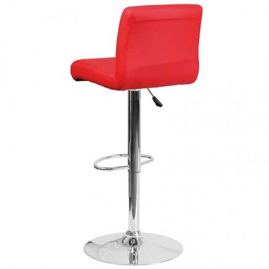 Contemporary Red Vinyl Adjustable Height Barstool with Rolled Seat and Chrome Base