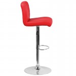 Contemporary Red Vinyl Adjustable Height Barstool with Rolled Seat and Chrome Base