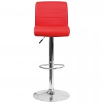 Contemporary Red Vinyl Adjustable Height Barstool with Rolled Seat and Chrome Base