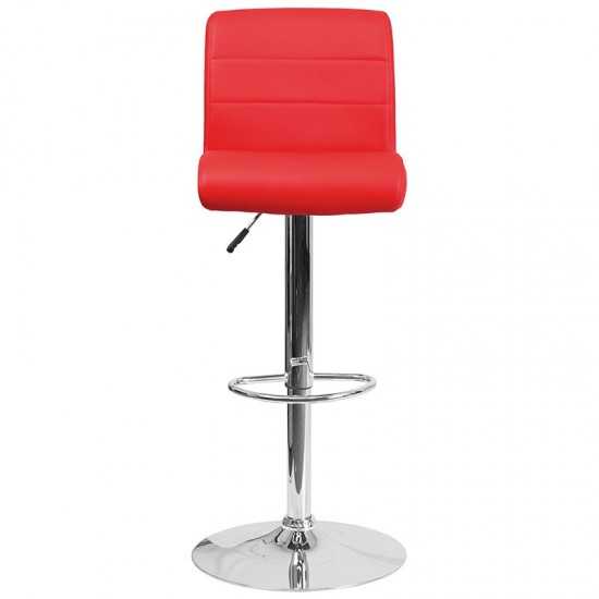 Contemporary Red Vinyl Adjustable Height Barstool with Rolled Seat and Chrome Base