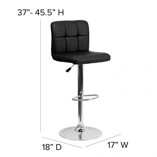 Contemporary Black Quilted Vinyl Adjustable Height Barstool with Chrome Base