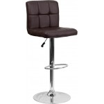 Contemporary Brown Quilted Vinyl Adjustable Height Barstool with Chrome Base