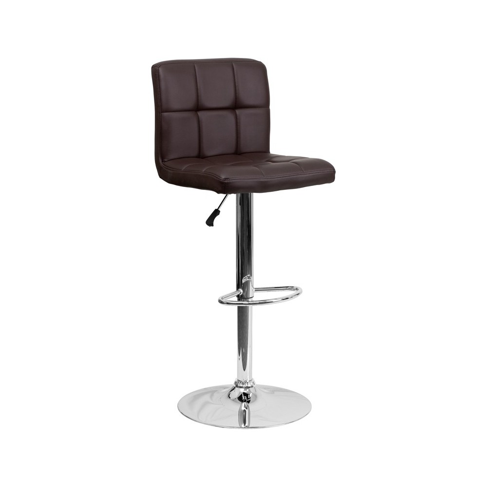 Contemporary Brown Quilted Vinyl Adjustable Height Barstool with Chrome Base