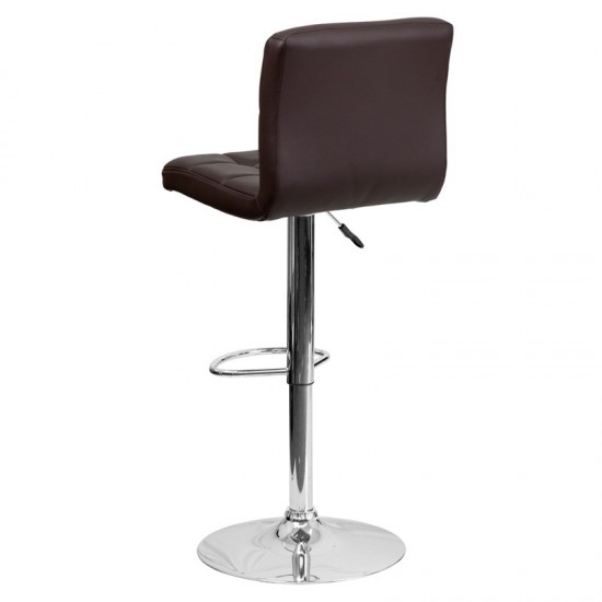 Contemporary Brown Quilted Vinyl Adjustable Height Barstool with Chrome Base