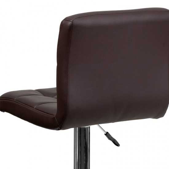 Contemporary Brown Quilted Vinyl Adjustable Height Barstool with Chrome Base