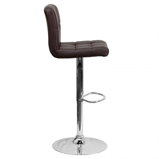 Contemporary Brown Quilted Vinyl Adjustable Height Barstool with Chrome Base