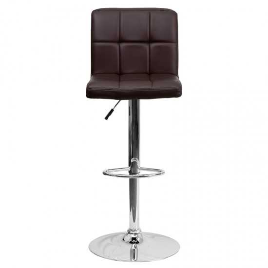 Contemporary Brown Quilted Vinyl Adjustable Height Barstool with Chrome Base