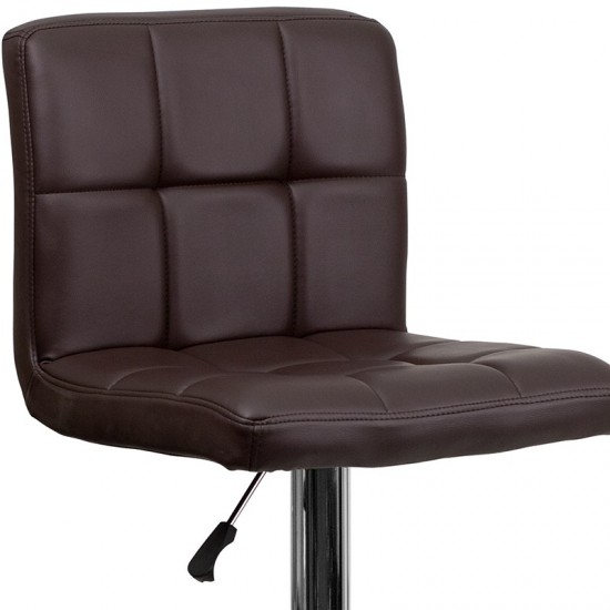 Contemporary Brown Quilted Vinyl Adjustable Height Barstool with Chrome Base